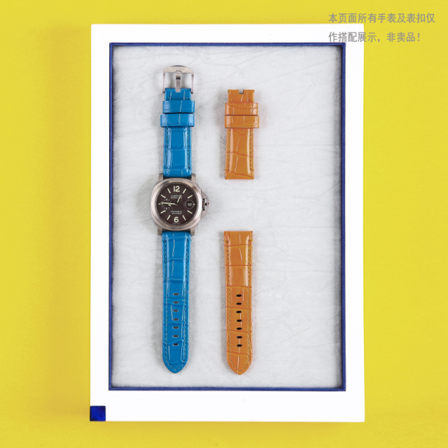 CENSH蓝色牛皮竹节纹表带 24*22mm适配沛纳海平口手表