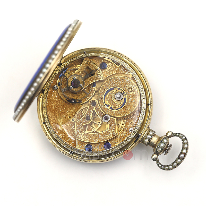 瑞士弗勒里耶（Swiss Fleurier ） 银鎏金珐琅珍珠镶边1/4跳秒古董怀表