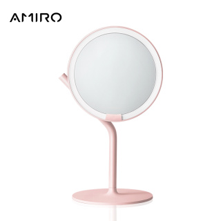 Amiro化妆镜 mini2便携网红台式桌面led带灯光高清美妆卧室收纳镜子（粉色 长续航版 带放大镜款）
