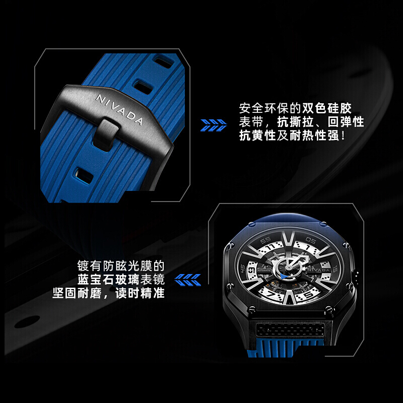 【精钢】尼维达超跑系列经典车轮炫酷机械腕表-蓝色